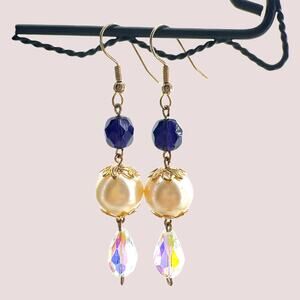 Ivory Faux Pearl AB Crystal Faceted Purple Agate Dangle Earrings on Gold Wires